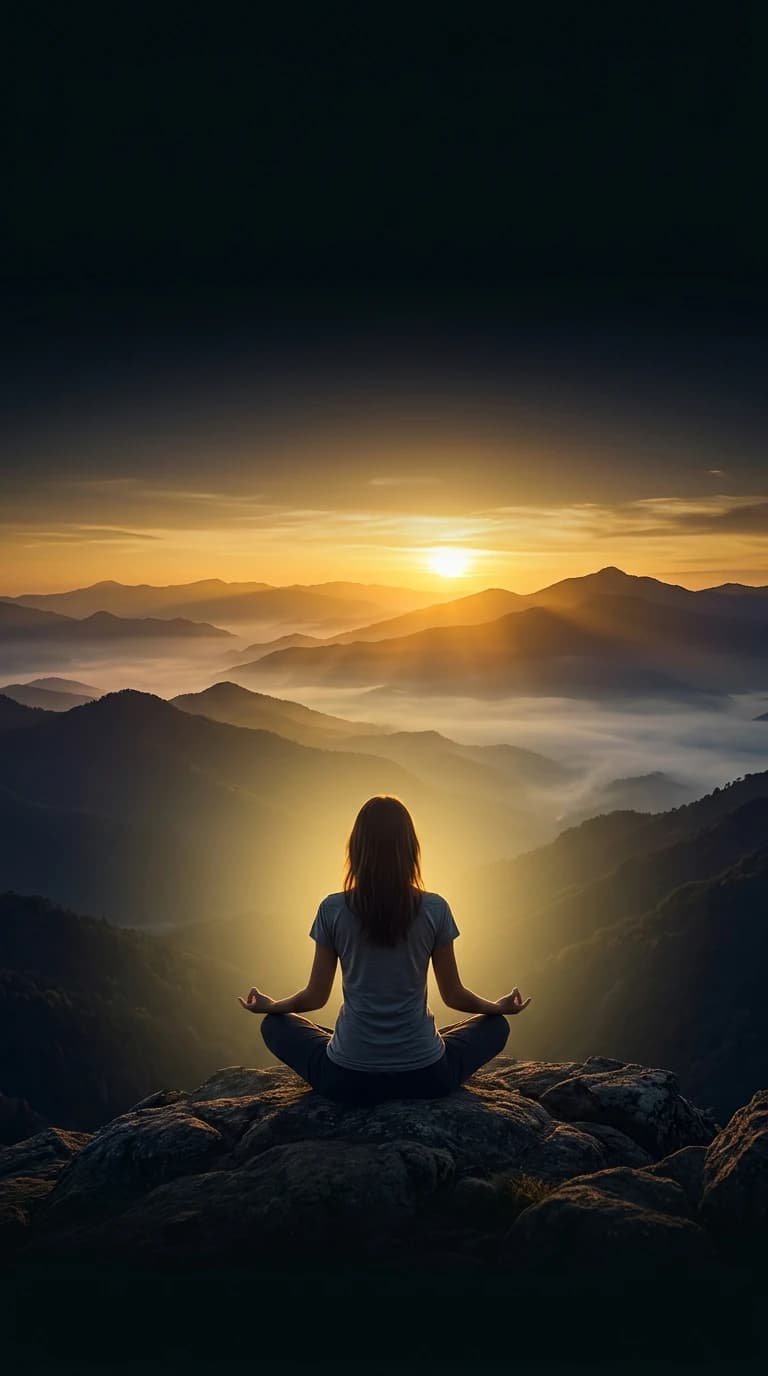 A meditating figure on a luminous floating island above ancient temples and a winding river valley at dusk