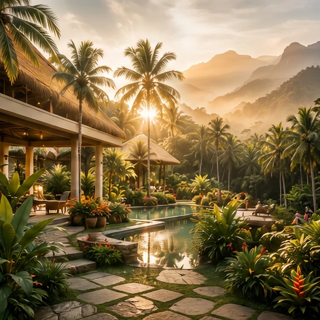 A lush resort with palm trees and a reflective pool — the kind of conscious place Lumi Gaia connects