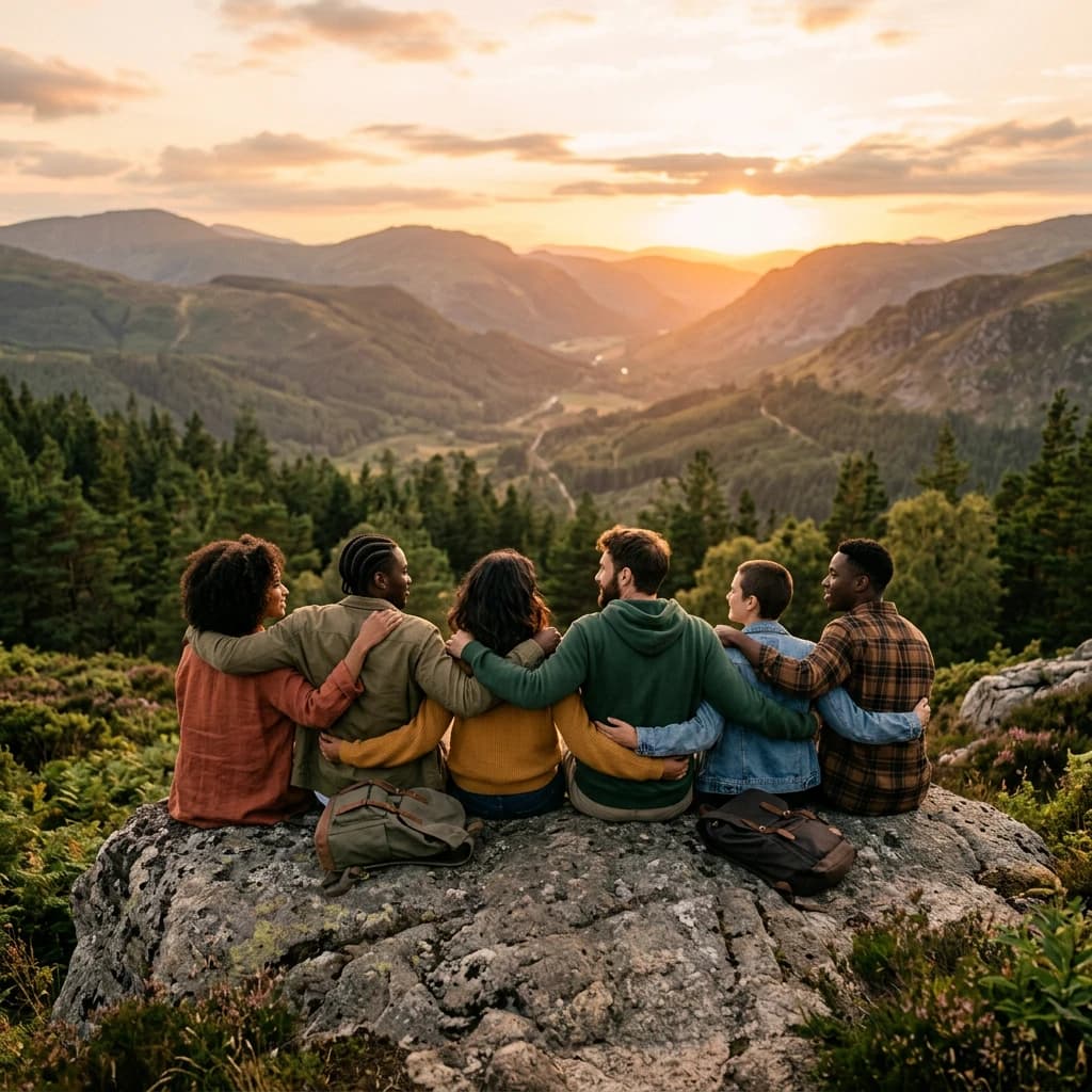 Friends sitting together on a mountain at sunset — part of something larger than any one place