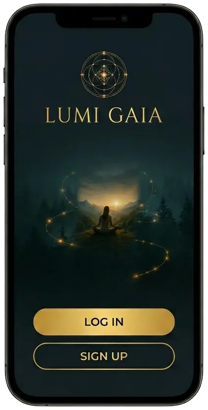 Lumi Gaia app welcome screen with the gold lotus emblem